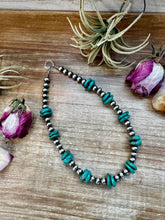 Load image into Gallery viewer, NFR Collection Necklace – 8mm & 10mm Sterling Silver Pearls with 16mm Green Turquoise Rondelle – Handmade by The Bijoux FAB – 16.5"