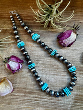 Load image into Gallery viewer, NFR Collection Necklace – 8mm & 14mm Sterling Silver Pearls with 20mm Turquoise Disc – Handmade by The Bijoux FAB – 23.5"