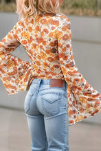 Load image into Gallery viewer, Floral Bell Sleeve Mock Neck Scallop Trim Blouse