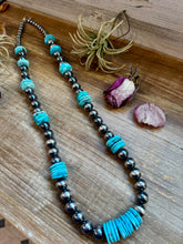 Load image into Gallery viewer, NFR Collection Necklace – 35 inch long 8mm & 14mm Sterling Silver Pearls with 20mm Turquoise Rondelle