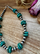 Load image into Gallery viewer, NFR Collection Necklace – 8mm & 10mm Sterling Silver Pearls with 16mm Green Turquoise Rondelle – Handmade by The Bijoux FAB – 16.5"