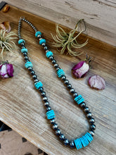 Load image into Gallery viewer, NFR Collection Necklace – 35 inch long 8mm & 14mm Sterling Silver Pearls with 20mm Turquoise Rondelle