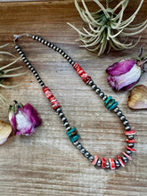 Load image into Gallery viewer, NFR Collection Necklace – Sterling Silver Pearls with Red Spiny Oyster & Green Turquoise – 21"