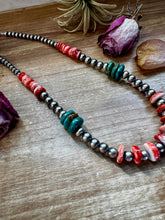 Load image into Gallery viewer, NFR Collection Necklace – Sterling Silver Pearls with Red Spiny Oyster & Green Turquoise – 21"