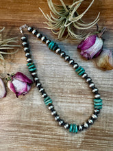 Load image into Gallery viewer, NFR Collection Necklace – 12mm Sterling Silver Pearls with 16mm Green Turquoise Rondelle – Handmade by The Bijoux FAB – 21.5"