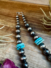 Load image into Gallery viewer, NFR Collection Necklace – 8mm & 14mm Sterling Silver Pearls with 20mm Turquoise Disc – Handmade by The Bijoux FAB – 23.5"