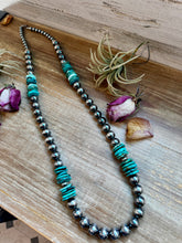 Load image into Gallery viewer, NFR Collection Necklace – 8mm, 10mm & 14mm Sterling Silver Pearls with Turquoise – Handmade by The Bijoux FAB – 37"