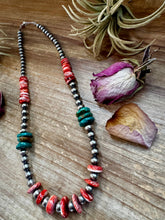 Load image into Gallery viewer, NFR Collection Necklace – Sterling Silver Pearls with Red Spiny Oyster & Green Turquoise – 21"