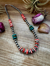 Load image into Gallery viewer, NFR Collection Necklace – Sterling Silver Pearls with Red Spiny Oyster & Green Turquoise – 21"