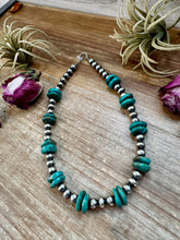 Load image into Gallery viewer, NFR Collection Necklace – 8mm & 10mm Sterling Silver Pearls with 16mm Green Turquoise Rondelle – Handmade by The Bijoux FAB – 16.5"