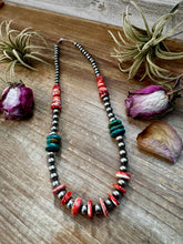 Load image into Gallery viewer, NFR Collection Necklace – Sterling Silver Pearls with Red Spiny Oyster & Green Turquoise – 21"