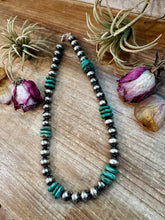 Load image into Gallery viewer, NFR Collection Necklace – 12mm Sterling Silver Pearls with 16mm Green Turquoise Rondelle – Handmade by The Bijoux FAB – 21.5"