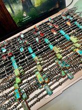 Load image into Gallery viewer, Orange/Turquoise Double Strand Necklace – 13” Beaded – Sterling Silver Pearls & Rectangle Variscite