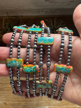 Load image into Gallery viewer, Orange/Turquoise Double Strand Necklace – 13” Beaded – Sterling Silver Pearls & Rectangle Variscite