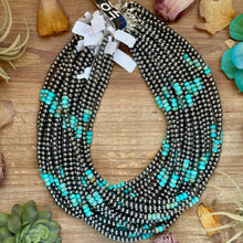 Load image into Gallery viewer, Sterling Silver Pearl Necklace with Turquoise & Variscite Rondelles – 19.5”