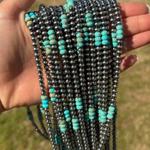 Load image into Gallery viewer, Sterling Silver Pearl Necklace with Turquoise & Variscite Rondelles – 19.5”