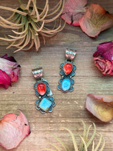 Load image into Gallery viewer, Red Spiny Oyster & Golden Hills Turquoise Sterling Silver Pendant – Stamped Gilbert Nez