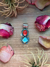 Load image into Gallery viewer, Red Spiny Oyster & Golden Hills Turquoise Sterling Silver Pendant – Stamped Gilbert Nez