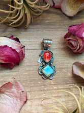 Load image into Gallery viewer, Red Spiny Oyster & Golden Hills Turquoise Sterling Silver Pendant – Stamped Gilbert Nez