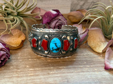 Load image into Gallery viewer, Coral & Turquoise Sterling Silver Cuff Bracelet – Stamped Errick