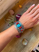 Load image into Gallery viewer, Coral & Turquoise Sterling Silver Cuff Bracelet – Stamped Errick