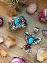 Load image into Gallery viewer, Coral & Turquoise Sterling Silver Cuff Bracelet – Stamped Errick