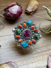 Load image into Gallery viewer, Mosaic Cluster Ring – Sterling Silver – Sonoran Mountain, Blue Ridge Turquoise & Spiny Oyster – Size 9 – Artist Shay Pfeiffer