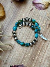 Load image into Gallery viewer, Sterling Silver Spiderweb Kingman Turquoise & Ponca Pearl Memory Wire Bracelet – Fits Up to 9” Wrist – Artist Jason Ogg