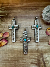 Load image into Gallery viewer, Antler Cross Pendant With Turquoise On Silver Brass
