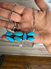 Load image into Gallery viewer, Bar Necklace – 7 Large Kingman Turquoise Stones – Sterling Silver – 19 Inch Paperclip Chain
