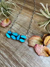 Load image into Gallery viewer, Bar Necklace – 7 Large Kingman Turquoise Stones – Sterling Silver – 19 Inch Paperclip Chain
