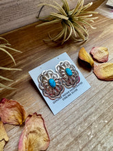 Load image into Gallery viewer, Rectangle Concho Earrings – Kingman Turquoise, Sterling Silver
