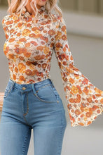 Load image into Gallery viewer, Floral Bell Sleeve Mock Neck Scallop Trim Blouse
