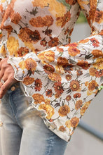 Load image into Gallery viewer, Floral Bell Sleeve Mock Neck Scallop Trim Blouse
