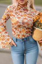 Load image into Gallery viewer, Floral Bell Sleeve Mock Neck Scallop Trim Blouse

