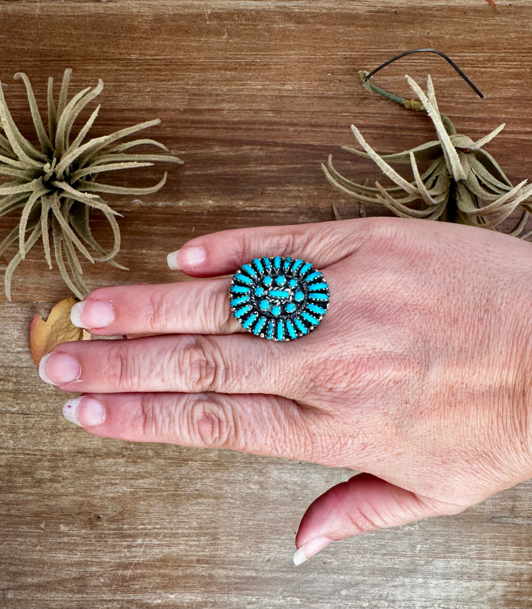 Kingman Turquoise Cluster Ring – Size 9.5 – Native Made Sterling Silver
