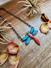 Load image into Gallery viewer, Dragonfly Pendant Necklace – Kingman Turquoise &amp; Red Spiny Oyster – 19 Inch Sterling Silver Dragon Paperclip Chain
