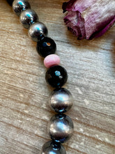 Load image into Gallery viewer, NFR Collection Necklace – 8mm &amp; 16mm Sterling Silver Pearls with Faceted Black Onyx &amp; Pink Conch – Handmade by The Bijoux FAB – 21&quot;
