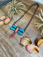 Load image into Gallery viewer, Dragonfly Pendant Necklace – Kingman Turquoise &amp; Red Spiny Oyster – 19 Inch Sterling Silver Dragon Paperclip Chain
