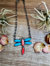 Load image into Gallery viewer, Dragonfly Pendant Necklace – Kingman Turquoise &amp; Red Spiny Oyster – 19 Inch Sterling Silver Dragon Paperclip Chain
