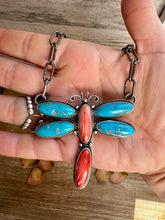 Load image into Gallery viewer, Dragonfly Pendant Necklace – Kingman Turquoise &amp; Red Spiny Oyster – 19 Inch Sterling Silver Dragon Paperclip Chain
