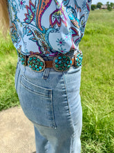 Load image into Gallery viewer, Turquoise Concho Belt – Sterling Silver – Native Made DM – One of a Kind
