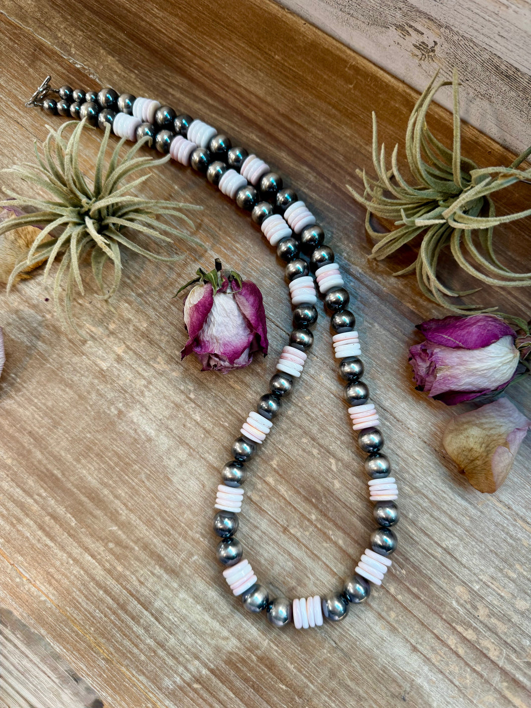 NFR Collection Necklace – 12mm Sterling Silver Pearls with 10mm Pink Conch Rondelles – Handmade by The Bijoux FAB – 30
