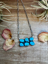 Load image into Gallery viewer, Bar Necklace – 6 Kingman Turquoise Stones – Sterling Silver – 19 Inch Paperclip Chain
