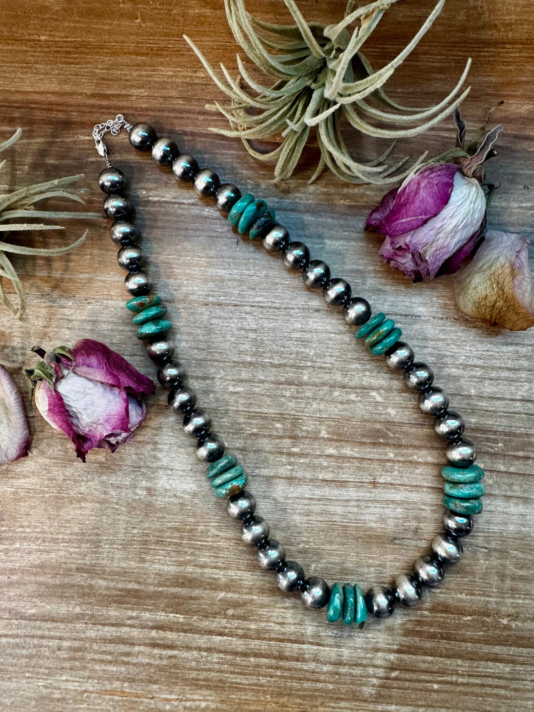 NFR Collection Necklace – 12mm Sterling Silver Pearls with 16mm Green Turquoise Rondelle – Handmade by The Bijoux FAB – 21.5
