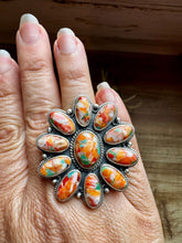 Load image into Gallery viewer, Mojave Spiny &amp; Turquoise Flower Adjustable Ring – Sterling Silver, Made in USA
