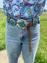 Load image into Gallery viewer, Turquoise Concho Belt – Sterling Silver – Native Made DM – One of a Kind
