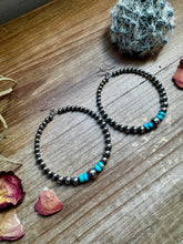 Load image into Gallery viewer, Big Sterling Silver Pearls Hoops with turquoise
