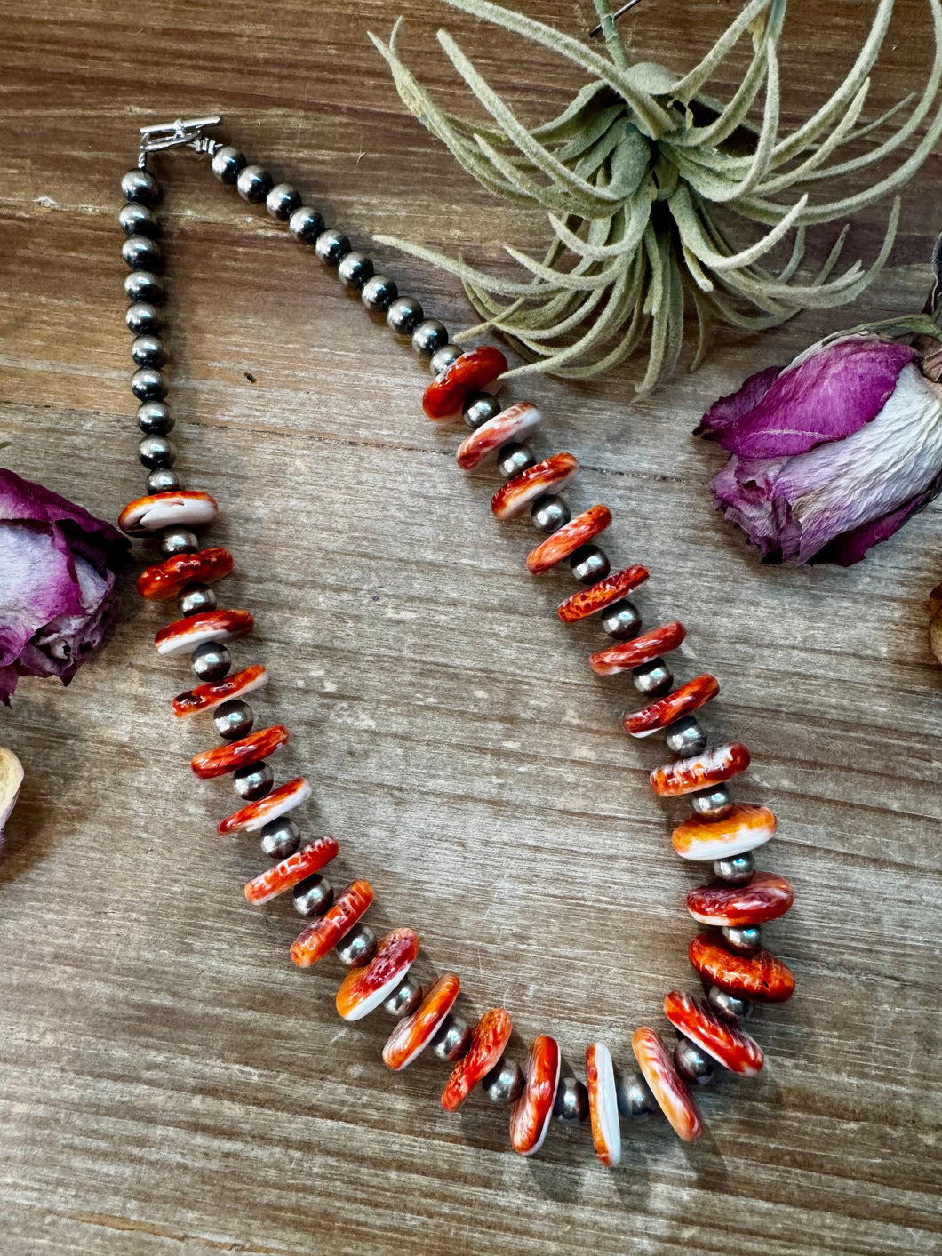 NFR Collection Necklace – 8mm Sterling Silver Pearls with 16mm Spiny Oyster Rondelle – Handmade by The Bijoux FAB – 20