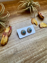 Load image into Gallery viewer, Small Sterling Silver Concho Earrings with Kingman Turquoise – Made in the USA

